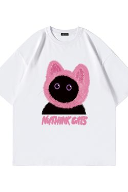 Loose Fit Unisex Cartoon Cat T-Shirt for Couples - Cute Summer Short Sleeve Top, Plus Size, Trendy Korean Style Fashion