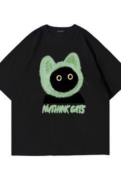 Loose Fit Unisex Cartoon Cat T-Shirt for Couples - Cute Summer Short Sleeve Top, Plus Size, Trendy Korean Style Fashion