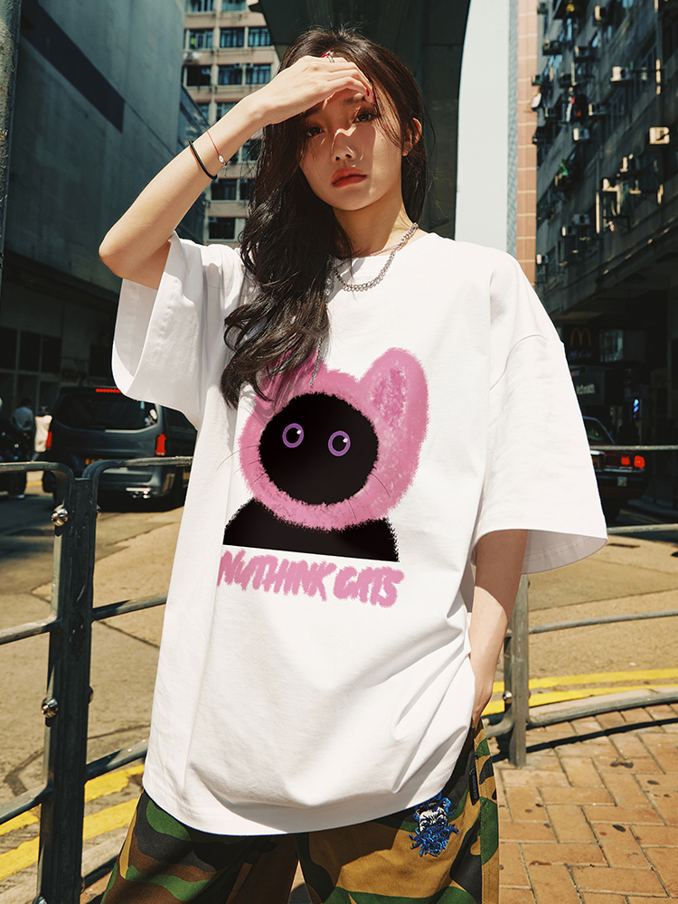 Loose Fit Unisex Cartoon Cat T-Shirt for Couples - Cute Summer Short Sleeve Top, Plus Size, Trendy Korean Style Fashion Loose Fit Unisex Cartoon Cat T-Shirt for Couples - Cute Summer Short Sleeve Top, Plus Size, Trendy Korean Style Fashion