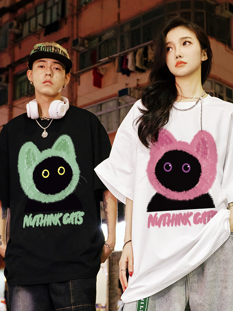 Loose Fit Unisex Cartoon Cat T-Shirt for Couples - Cute Summer Short Sleeve Top, Plus Size, Trendy Korean Style Fashion Loose Fit Unisex Cartoon Cat T-Shirt for Couples - Cute Summer Short Sleeve Top, Plus Size, Trendy Korean Style Fashion