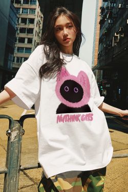 Loose Fit Unisex Cartoon Cat T-Shirt for Couples - Cute Summer Short Sleeve Top, Plus Size, Trendy Korean Style Fashion