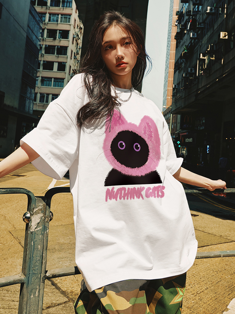 Loose Fit Unisex Cartoon Cat T-Shirt for Couples - Cute Summer Short Sleeve Top, Plus Size, Trendy Korean Style Fashion Loose Fit Unisex Cartoon Cat T-Shirt for Couples - Cute Summer Short Sleeve Top, Plus Size, Trendy Korean Style Fashion