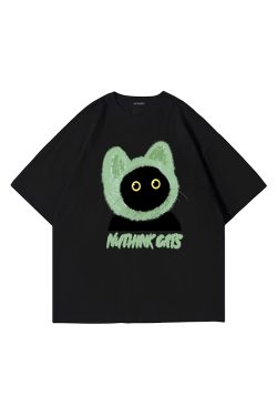 Loose Fit Unisex Cartoon Cat T-Shirt for Couples - Cute Summer Short Sleeve Top, Plus Size, Trendy Korean Style Fashion