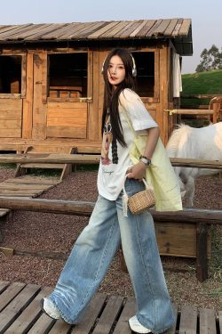 Loose Mid-Waist Straight Leg Jeans for Women – Non-Picky Slimming Wide-Leg Pants with Draped Design, Casual 90s Style