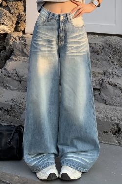 Loose Mid-Waist Straight Leg Jeans for Women – Non-Picky Slimming Wide-Leg Pants with Draped Design, Casual 90s Style