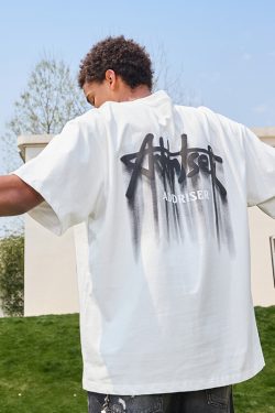 Loose Plus Size Trendy Letter Short Sleeve T-Shirt - Retro Print American Heavyweight Unisex for Summer 2025 Fashion