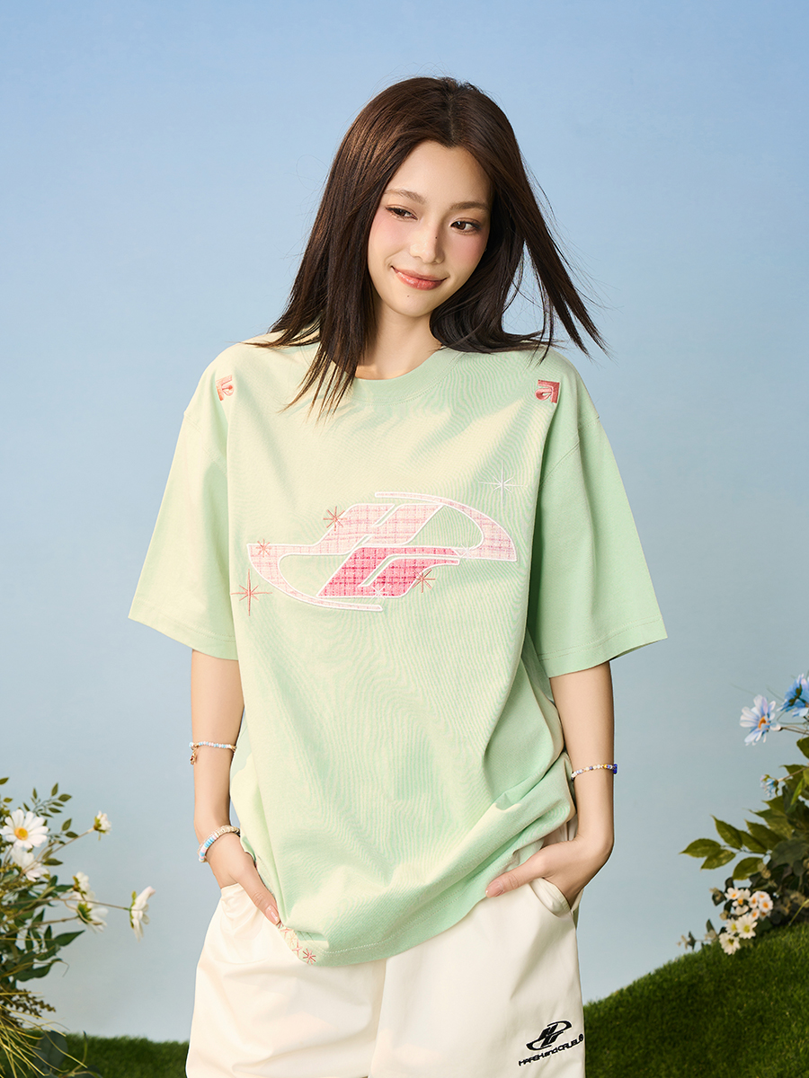 Loose Round Neck Short Sleeve T-Shirt with Patch Star Embroidery in Little Chanel Style for Men and Women, Y2K Fashion Loose Round Neck Short Sleeve T-Shirt with Patch Star Embroidery in Little Chanel Style for Men and Women, Y2K Fashion