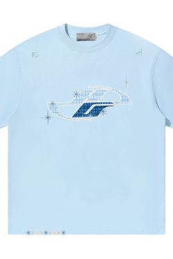 Loose Round Neck Short Sleeve T-Shirt with Patch Star Embroidery in Little Chanel Style for Men and Women, Y2K Fashion