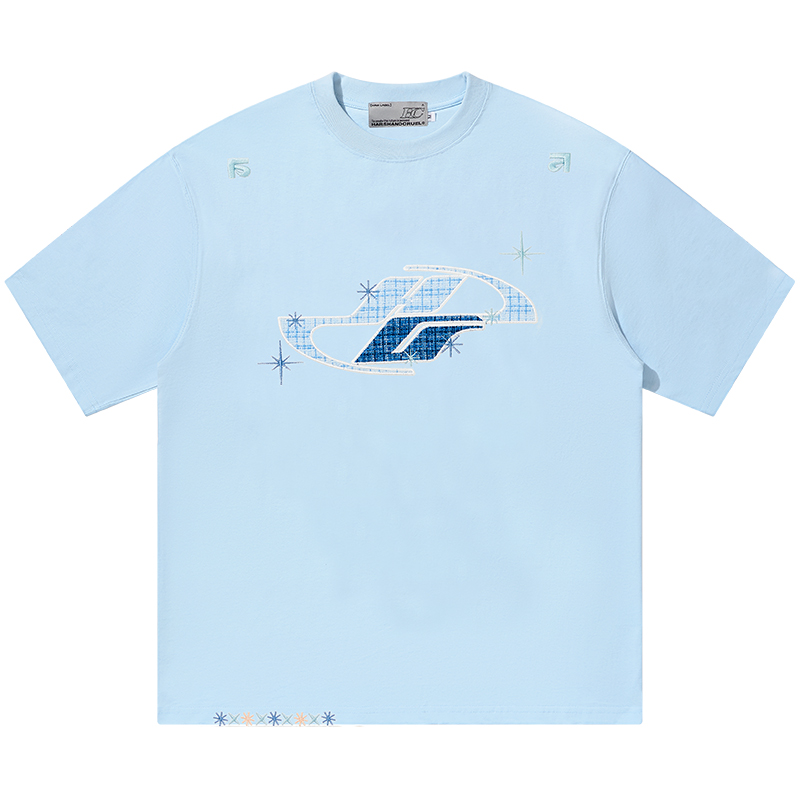 Loose Round Neck Short Sleeve T-Shirt with Patch Star Embroidery in Little Chanel Style for Men and Women, Y2K Fashion Loose Round Neck Short Sleeve T-Shirt with Patch Star Embroidery in Little Chanel Style for Men and Women, Y2K Fashion