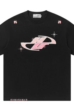Loose Round Neck Short Sleeve T-Shirt with Patch Star Embroidery in Little Chanel Style for Men and Women, Y2K Fashion