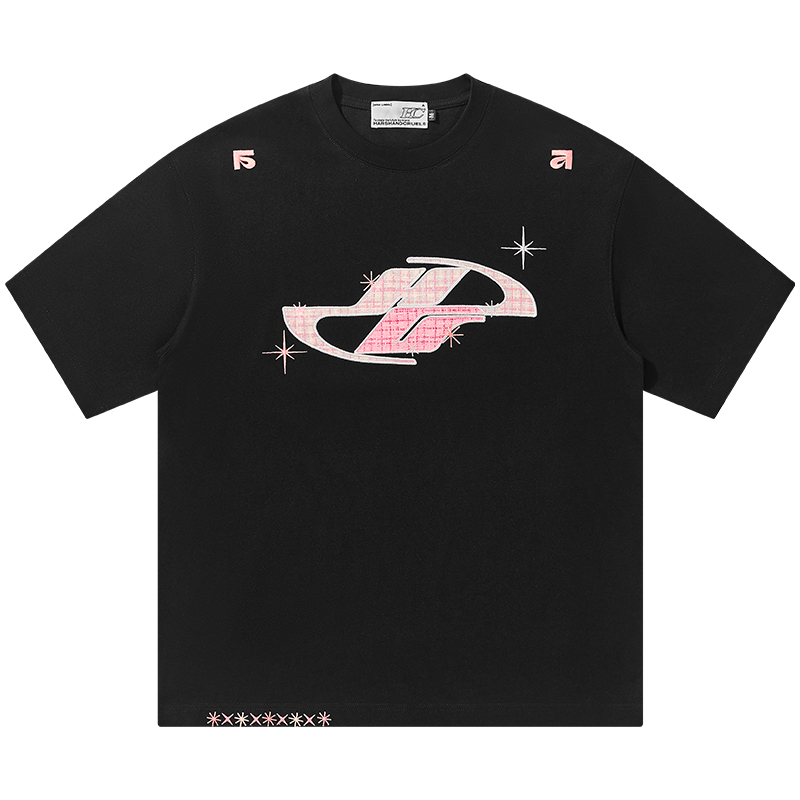 Loose Round Neck Short Sleeve T-Shirt with Patch Star Embroidery in Little Chanel Style for Men and Women, Y2K Fashion Loose Round Neck Short Sleeve T-Shirt with Patch Star Embroidery in Little Chanel Style for Men and Women, Y2K Fashion