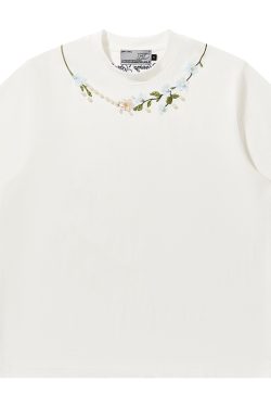 Loose Round Neck Short Sleeve T-Shirt with Pearl Flower Embroidery – Unisex Plant Series, Perfect for Y2K and Korean Style Fashion