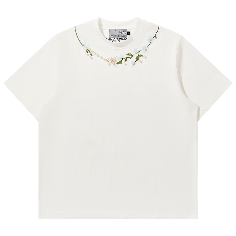 Loose Round Neck Short Sleeve T-Shirt with Pearl Flower Embroidery – Unisex Plant Series, Perfect for Y2K and Korean Style Fashion Loose Round Neck Short Sleeve T-Shirt with Pearl Flower Embroidery – Unisex Plant Series, Perfect for Y2K and Korean Style Fashion