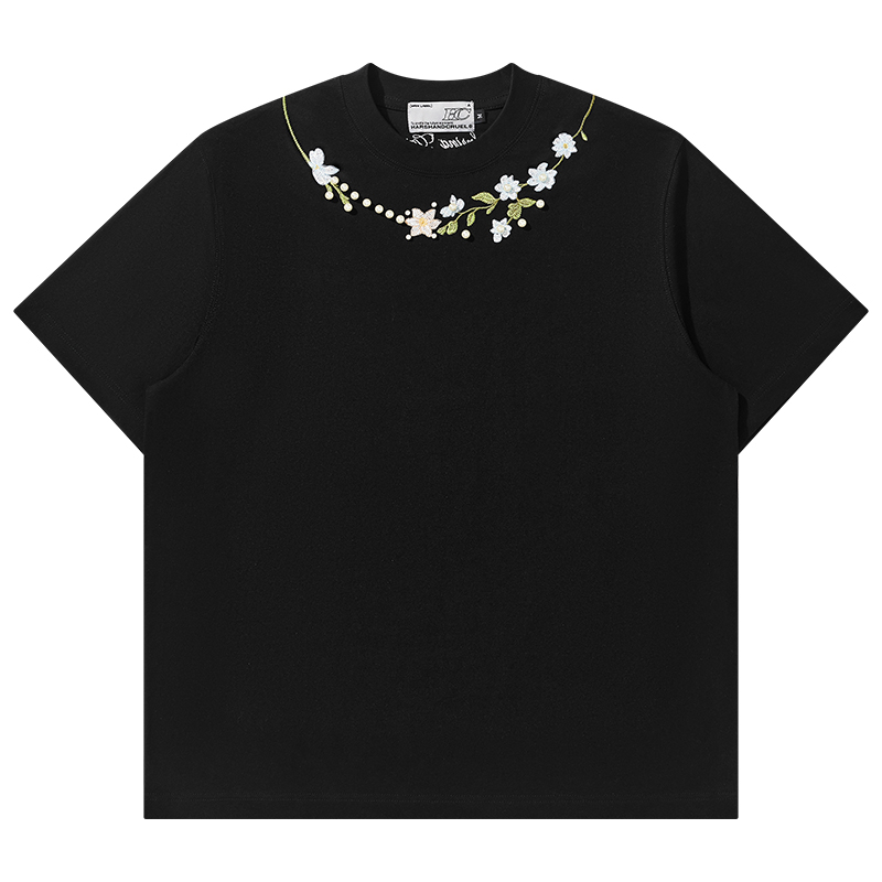 Loose Round Neck Short Sleeve T-Shirt with Pearl Flower Embroidery – Unisex Plant Series, Perfect for Y2K and Korean Style Fashion Loose Round Neck Short Sleeve T-Shirt with Pearl Flower Embroidery – Unisex Plant Series, Perfect for Y2K and Korean Style Fashion