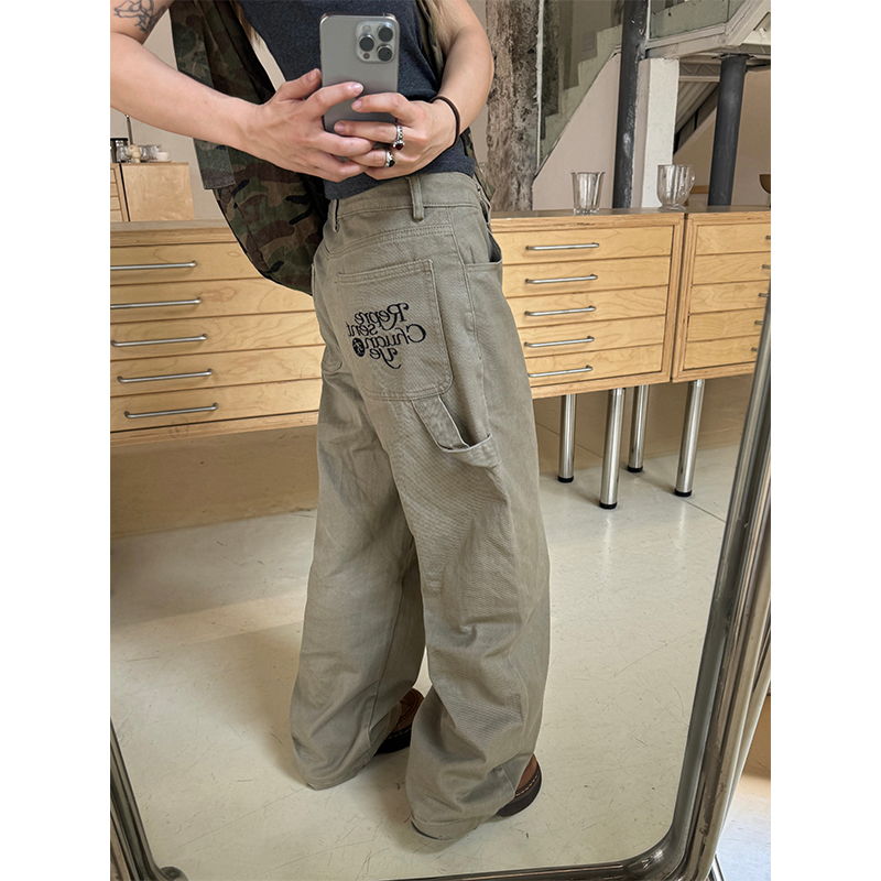 Loose Straight Leg Embroidered Waist Belt Rope Work Pants for Men and Women - Retro Street Style Wide Leg Trousers Loose Straight Leg Embroidered Waist Belt Rope Work Pants for Men and Women - Retro Street Style Wide Leg Trousers