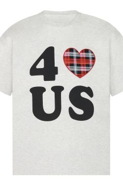 Loose Unisex Short Sleeve T-Shirt with Embroidered Heart - Summer Plaid Design, Trendy Casual Wear for Couples