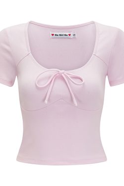 Low-Cut Round Neck Short Sleeve Fitted Ballet Style Cropped T-Shirt for Women - European American Summer Fashion