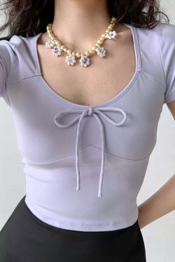 Low-Cut Round Neck Short Sleeve Fitted Ballet Style Cropped T-Shirt for Women - European American Summer Fashion