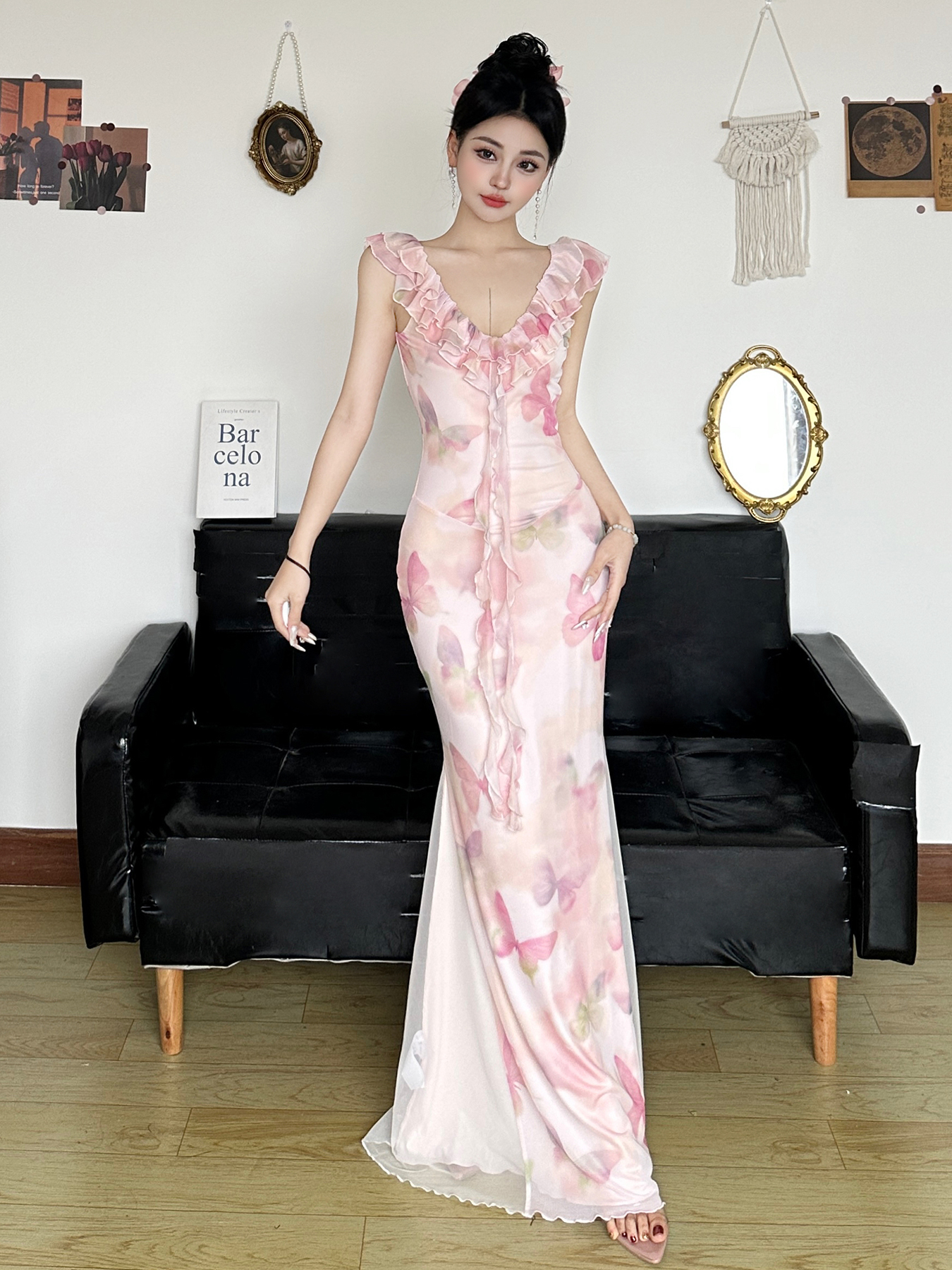 Low-Neck Fitted Butterfly Long Dress with Mesh Splicing for Women - Vacation Style Floral Dress, Y2K Inspired Low-Neck Fitted Butterfly Long Dress with Mesh Splicing for Women - Vacation Style Floral Dress, Y2K Inspired