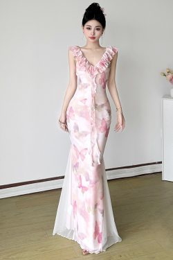 Low-Neck Fitted Butterfly Long Dress with Mesh Splicing for Women - Vacation Style Floral Dress, Y2K Inspired