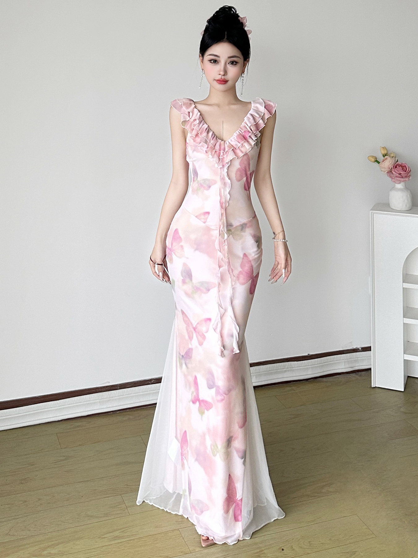 Low-Neck Fitted Butterfly Long Dress with Mesh Splicing for Women - Vacation Style Floral Dress, Y2K Inspired Low-Neck Fitted Butterfly Long Dress with Mesh Splicing for Women - Vacation Style Floral Dress, Y2K Inspired