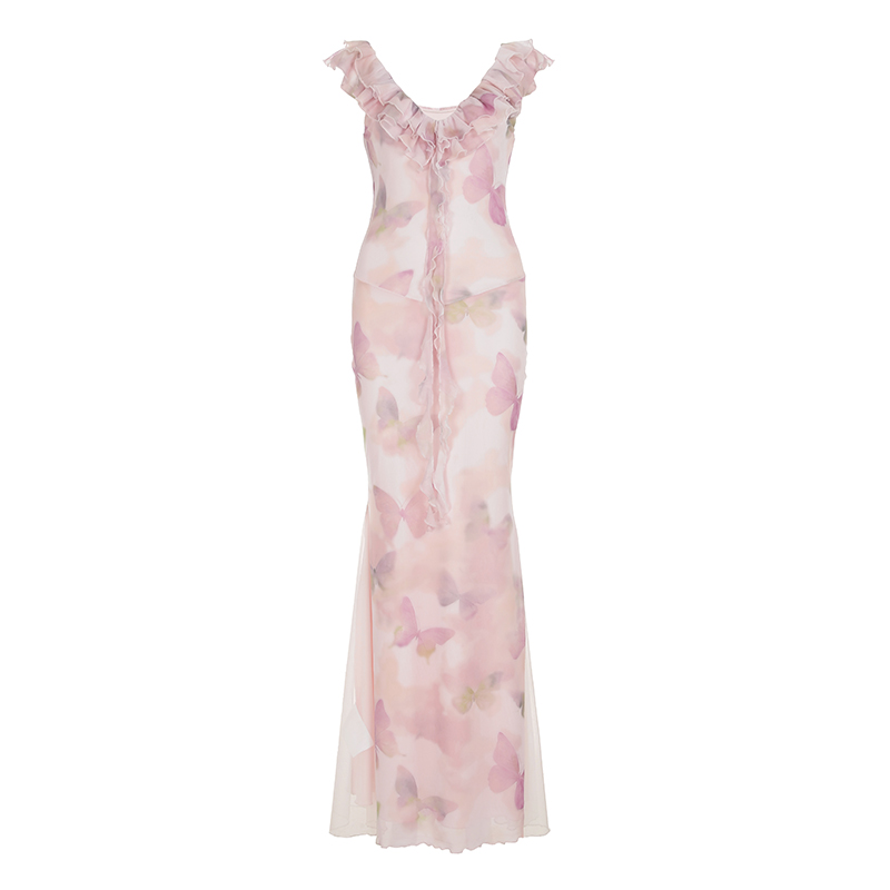 Low-Neck Fitted Butterfly Long Dress with Mesh Splicing for Women - Vacation Style Floral Dress, Y2K Inspired Low-Neck Fitted Butterfly Long Dress with Mesh Splicing for Women - Vacation Style Floral Dress, Y2K Inspired