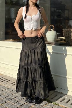 Low-Waist Tie-Dye Lace Spliced Cake Skirt - Versatile Loose Long Skirt for Women - Vintage Y2K Style