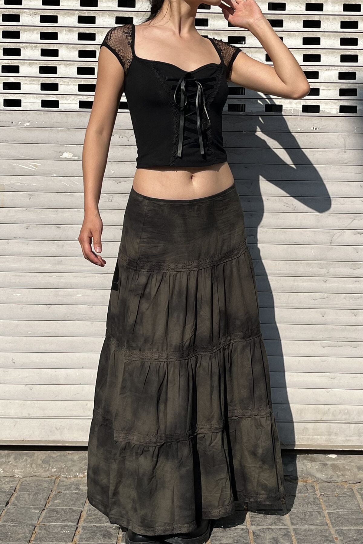 Low-Waist Tie-Dye Lace Spliced Cake Skirt - Versatile Loose Long Skirt for Women - Vintage Y2K Style