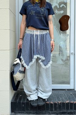 Men's and Women's Summer Plaid Sweatpants - Two-Piece Lace Splicing, Elastic Waist, Tapered Casual Pants, Y2K Style