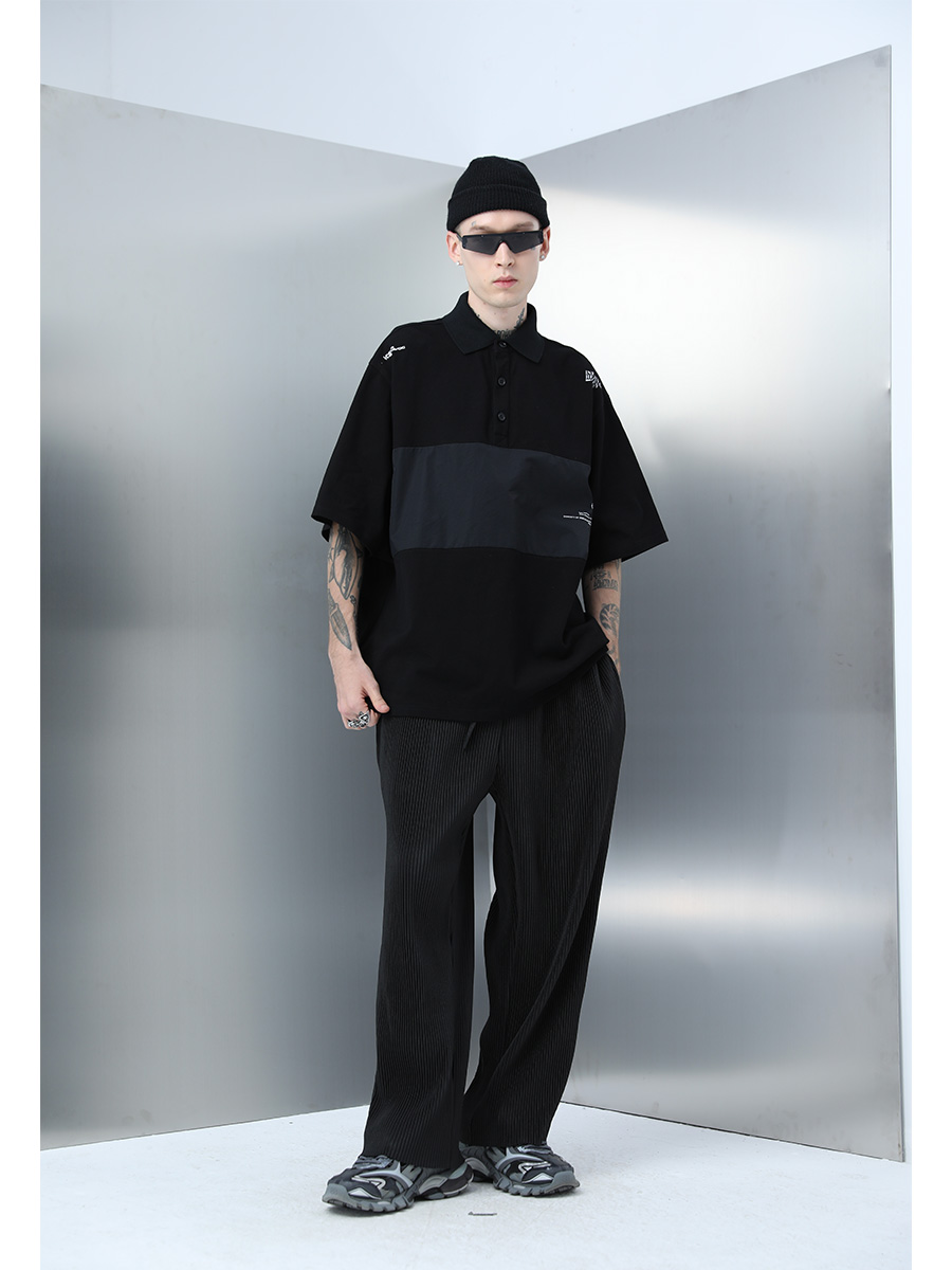 Men's Short Sleeve Polo Shirt - Nylon Spliced Layered Silhouette, Y2K Inspired Fashion Men's Short Sleeve Polo Shirt - Nylon Spliced Layered Silhouette, Y2K Inspired Fashion