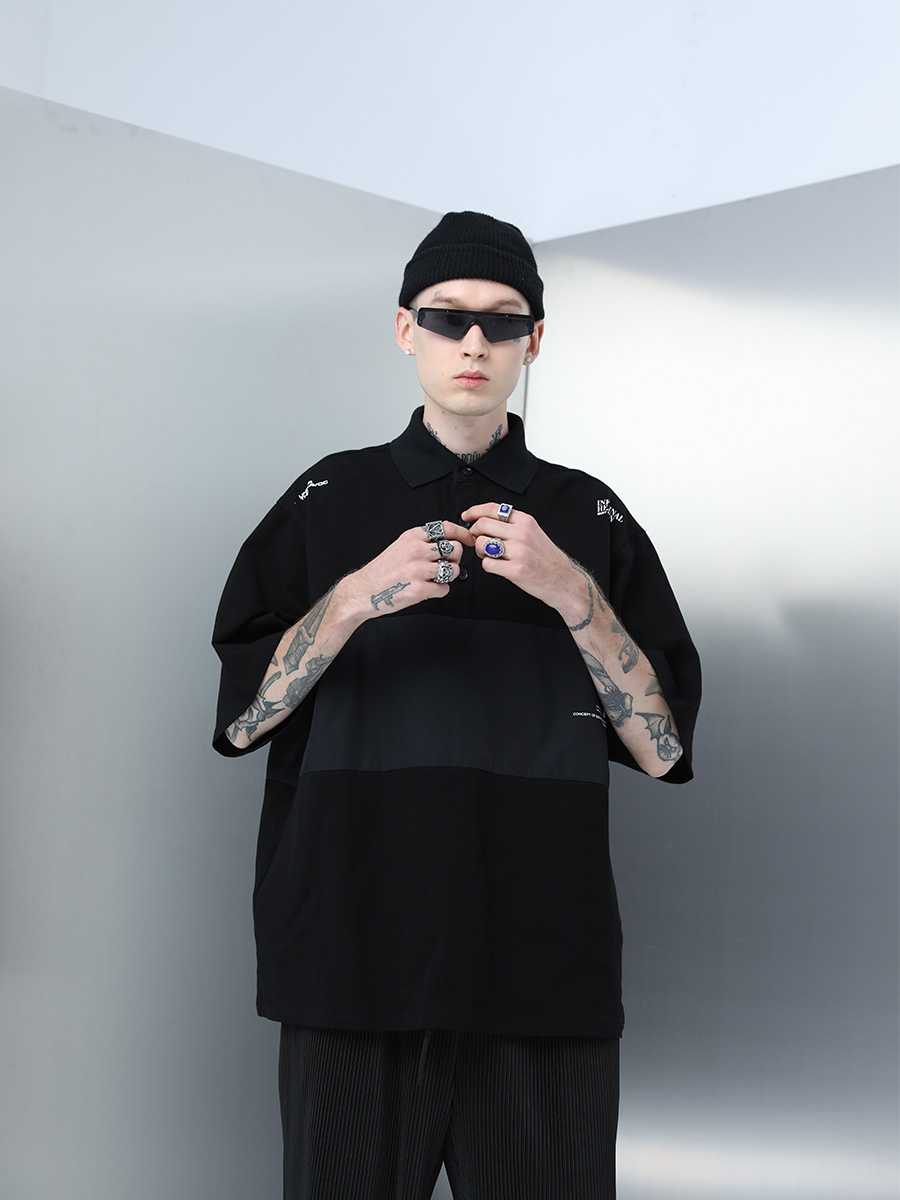 Men's Short Sleeve Polo Shirt - Nylon Spliced Layered Silhouette, Y2K Inspired Fashion Men's Short Sleeve Polo Shirt - Nylon Spliced Layered Silhouette, Y2K Inspired Fashion