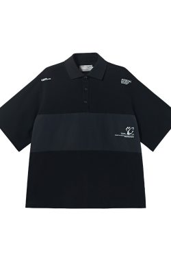 Men's Short Sleeve Polo Shirt - Nylon Spliced Layered Silhouette, Y2K Inspired Fashion