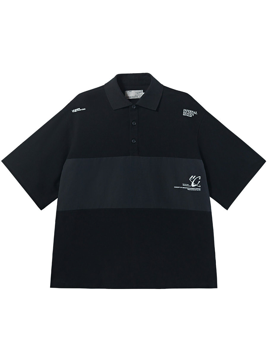 Men's Short Sleeve Polo Shirt - Nylon Spliced Layered Silhouette, Y2K Inspired Fashion Men's Short Sleeve Polo Shirt - Nylon Spliced Layered Silhouette, Y2K Inspired Fashion