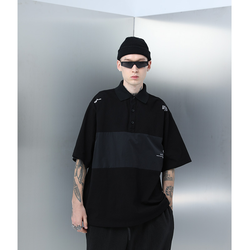 Men's Short Sleeve Polo Shirt - Nylon Spliced Layered Silhouette, Y2K Inspired Fashion Men's Short Sleeve Polo Shirt - Nylon Spliced Layered Silhouette, Y2K Inspired Fashion