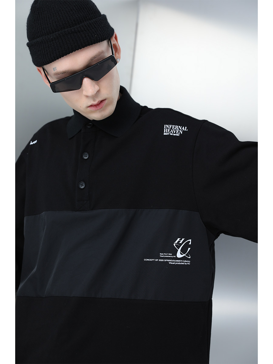 Men's Short Sleeve Polo Shirt - Nylon Spliced Layered Silhouette, Y2K Inspired Fashion Men's Short Sleeve Polo Shirt - Nylon Spliced Layered Silhouette, Y2K Inspired Fashion