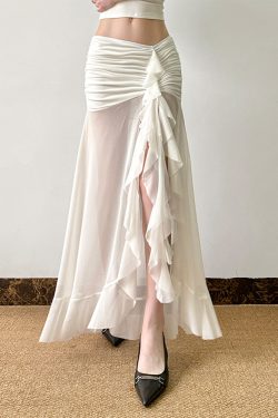 Mesh Spliced Ruffled Ribbon Split Hem Low-Waist Pleated Bodycon Long Skirt for Vacation Style and Effortless Elegance