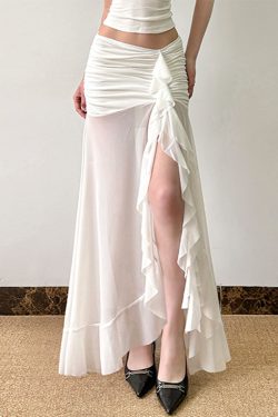 Mesh Spliced Ruffled Ribbon Split Hem Low-Waist Pleated Bodycon Long Skirt for Vacation Style and Effortless Elegance