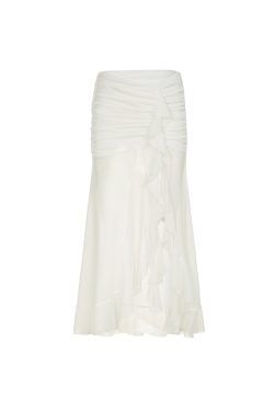 Mesh Spliced Ruffled Ribbon Split Hem Low-Waist Pleated Bodycon Long Skirt for Vacation Style and Effortless Elegance