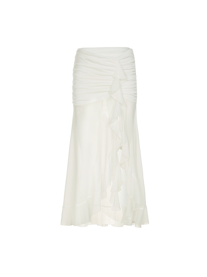 Mesh Spliced Ruffled Ribbon Split Hem Low-Waist Pleated Bodycon Long Skirt for Vacation Style and Effortless Elegance Mesh Spliced Ruffled Ribbon Split Hem Low-Waist Pleated Bodycon Long Skirt for Vacation Style and Effortless Elegance