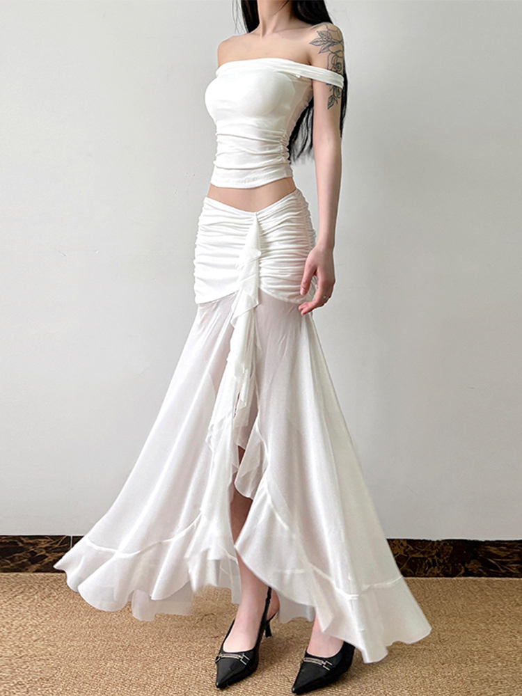 Mesh Spliced Ruffled Ribbon Split Hem Low-Waist Pleated Bodycon Long Skirt for Vacation Style and Effortless Elegance Mesh Spliced Ruffled Ribbon Split Hem Low-Waist Pleated Bodycon Long Skirt for Vacation Style and Effortless Elegance