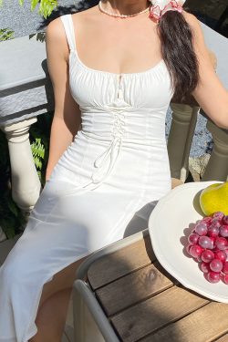 Mid-Length White Dress with Waist-Cinching Tie-Back, Split Skirt - French Pure Desire Style, Chic Summer Fashion