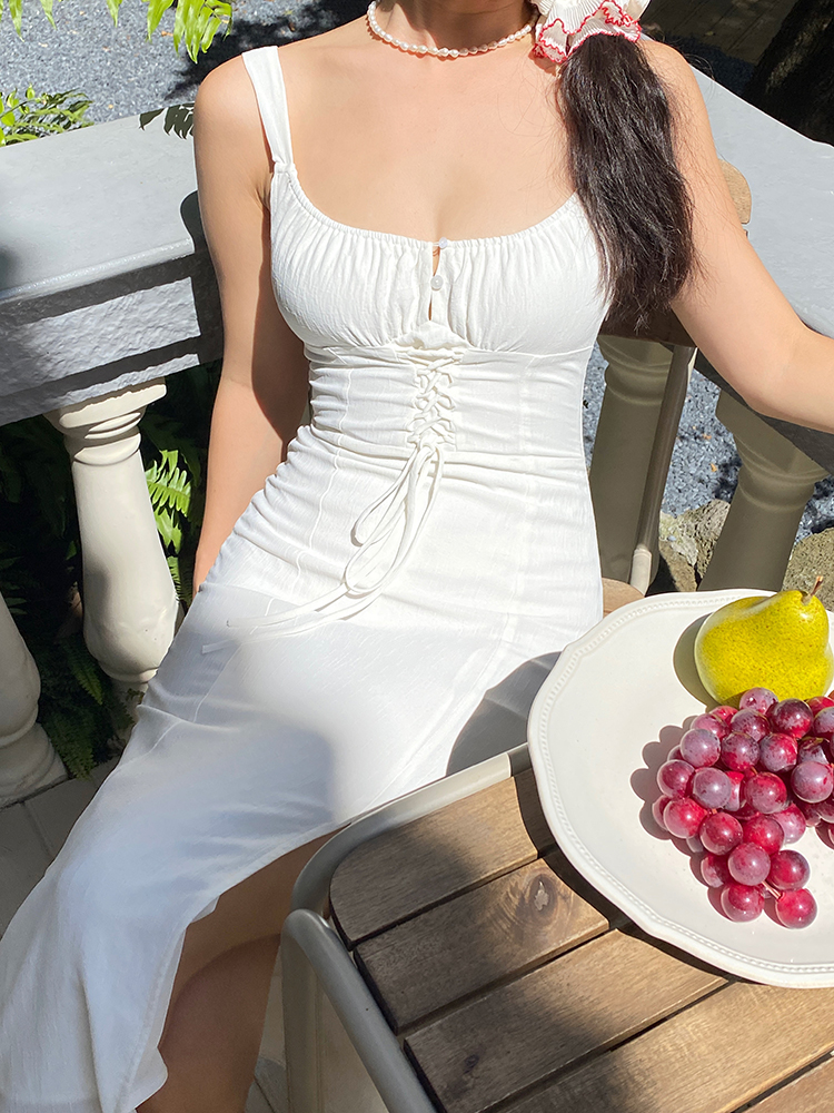 Mid-Length White Dress with Waist-Cinching Tie-Back, Split Skirt - French Pure Desire Style, Chic Summer Fashion Mid-Length White Dress with Waist-Cinching Tie-Back, Split Skirt - French Pure Desire Style, Chic Summer Fashion