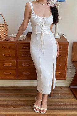 Mid-Length White Dress with Waist-Cinching Tie-Back, Split Skirt - French Pure Desire Style, Chic Summer Fashion