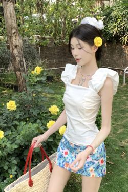 Midsummer Floral Oil Painting Frilled Bodycon Midi Skirt - Women’s Low Waist Vacation Skirt in Dopamine Colors