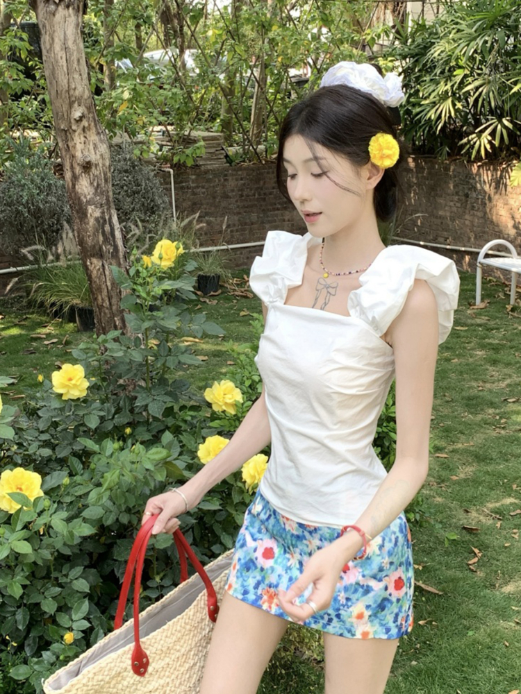 Midsummer Floral Oil Painting Frilled Bodycon Midi Skirt - Women’s Low Waist Vacation Skirt in Dopamine Colors Midsummer Floral Oil Painting Frilled Bodycon Midi Skirt - Women’s Low Waist Vacation Skirt in Dopamine Colors