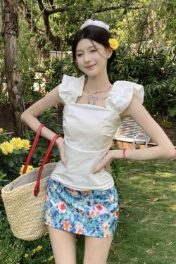 Midsummer Floral Oil Painting Frilled Bodycon Midi Skirt - Women’s Low Waist Vacation Skirt in Dopamine Colors