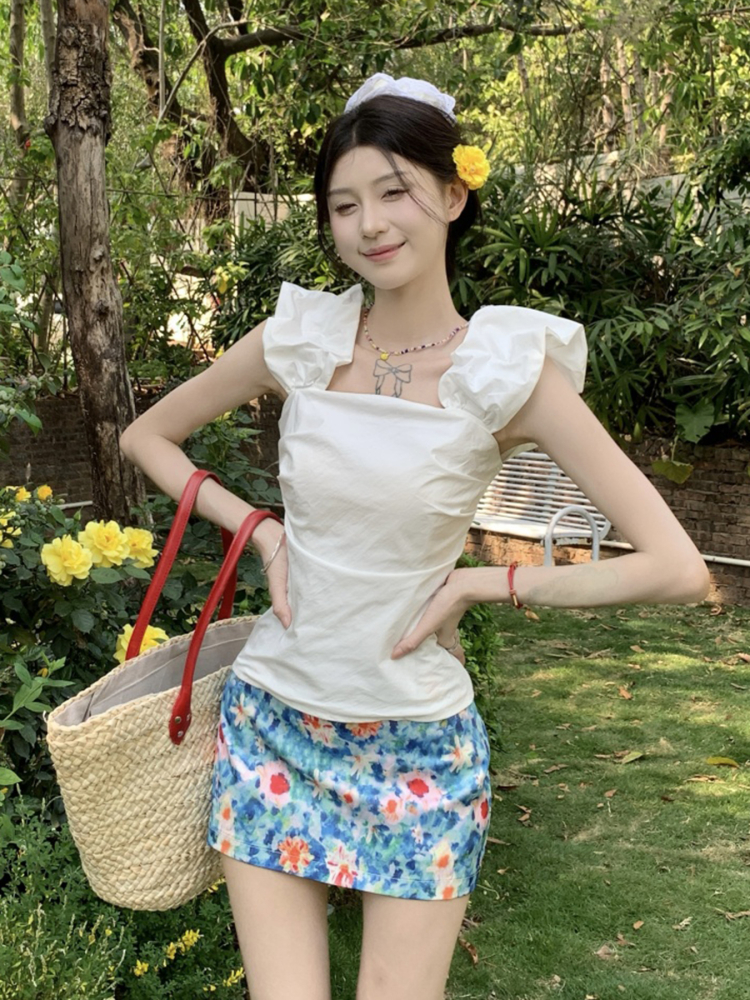 Midsummer Floral Oil Painting Frilled Bodycon Midi Skirt - Women’s Low Waist Vacation Skirt in Dopamine Colors Midsummer Floral Oil Painting Frilled Bodycon Midi Skirt - Women’s Low Waist Vacation Skirt in Dopamine Colors