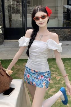 Midsummer Floral Oil Painting Frilled Bodycon Midi Skirt - Women’s Low Waist Vacation Skirt in Dopamine Colors