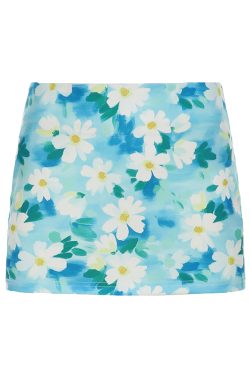 Midsummer Floral Oil Painting Frilled Bodycon Midi Skirt - Women’s Low Waist Vacation Skirt in Dopamine Colors