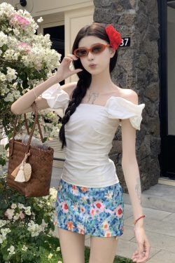 Midsummer Floral Oil Painting Frilled Bodycon Midi Skirt - Women’s Low Waist Vacation Skirt in Dopamine Colors